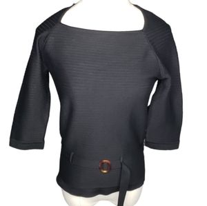 Vintage Cache Silk Knit Top L Square Neck 3/4 Sleeves Belted Horizontal Ribbs